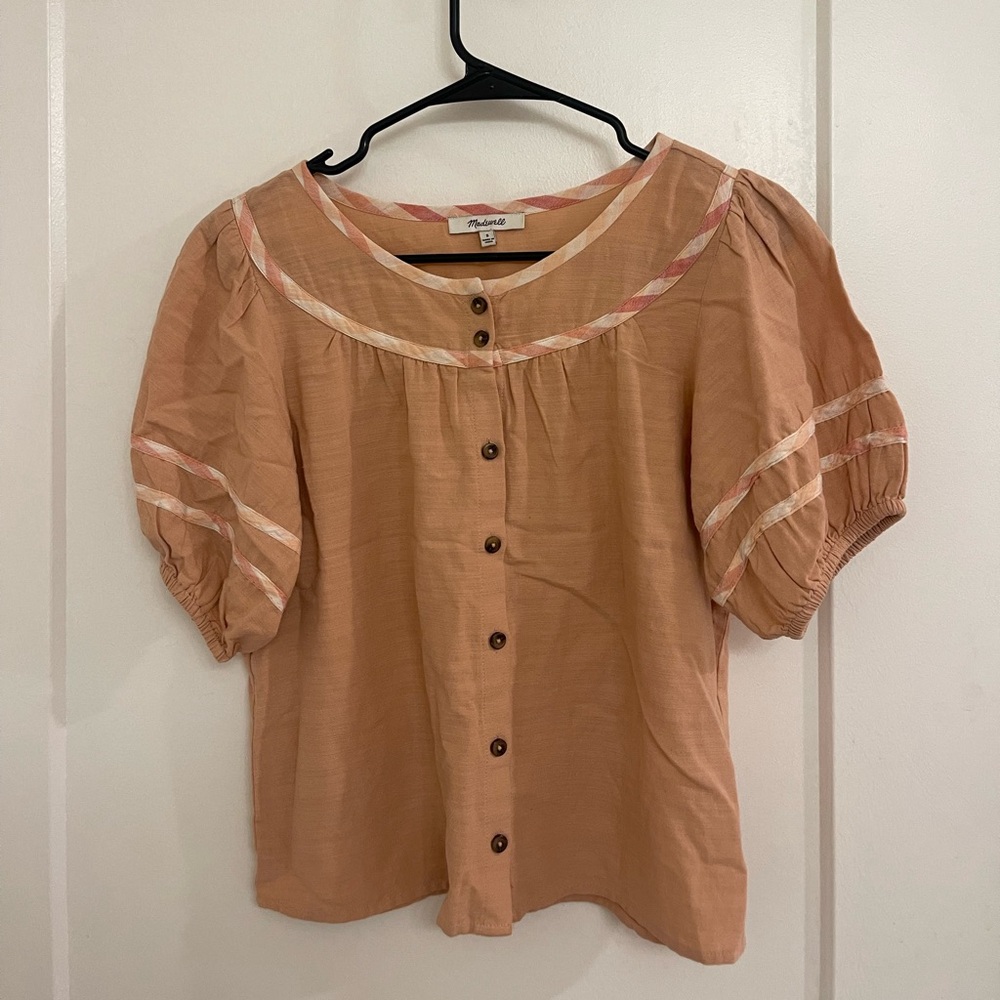 Cottagecore Cotton Blend Madewell Peached Blush Button-Down Puff Sleeve Top